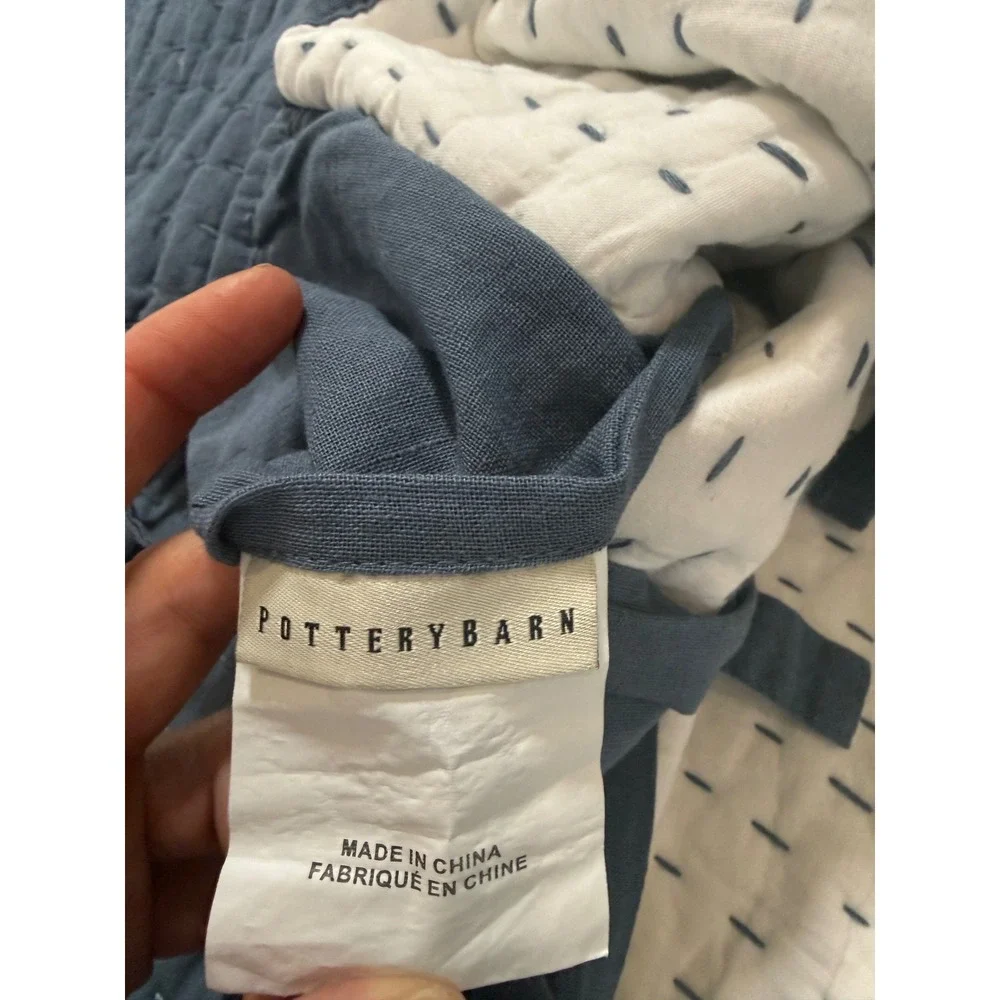 Pottery Barn Pick-Stitch Midnight Blue Cotton Linen Quilted Euro Shams Set of 2
